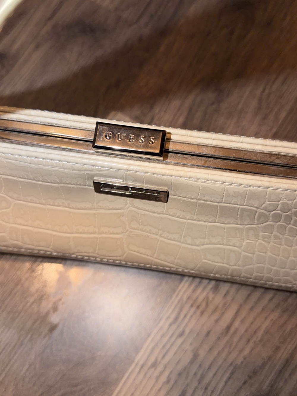 GUESS Cream Croc-Embossed Clutch with Gold Hardware